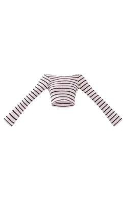 Hot PrettyLittleThing Striped Textured Rib Long Sleeve Backless Crop Top Black
