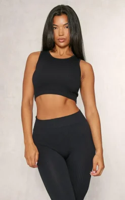 Clearance PrettyLittleThing Structured Contour Sleeveless Ribbed Crop Top Black
