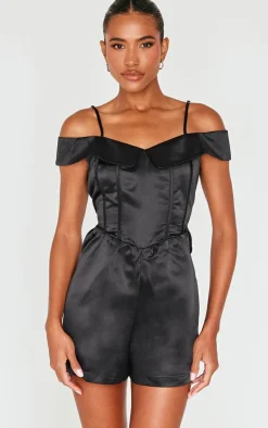 Structured Satin Bardot Floaty Romper-PrettyLittleThing Clearance