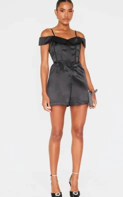 Structured Satin Bardot Floaty Romper-PrettyLittleThing Clearance