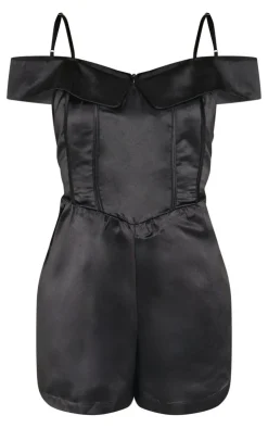 Structured Satin Bardot Floaty Romper-PrettyLittleThing Clearance