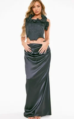 Black Structured Satin Ruched Waist Maxi Skirt