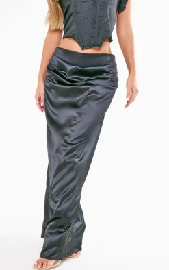 Black Structured Satin Ruched Waist Maxi Skirt