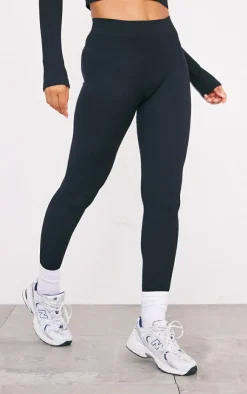 Online PrettyLittleThing Structured Snatched Ribbed Leggings Black