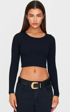 Discount PrettyLittleThing Structured Snatched Ribbed Round Neck Long Sleeve Crop Top Black