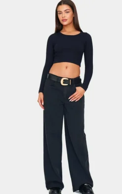 Discount PrettyLittleThing Structured Snatched Ribbed Round Neck Long Sleeve Crop Top Black