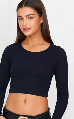 Discount PrettyLittleThing Structured Snatched Ribbed Round Neck Long Sleeve Crop Top Black