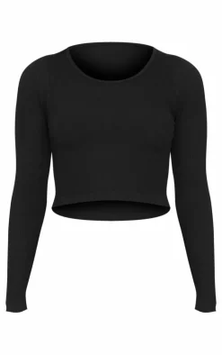 Discount PrettyLittleThing Structured Snatched Ribbed Round Neck Long Sleeve Crop Top Black