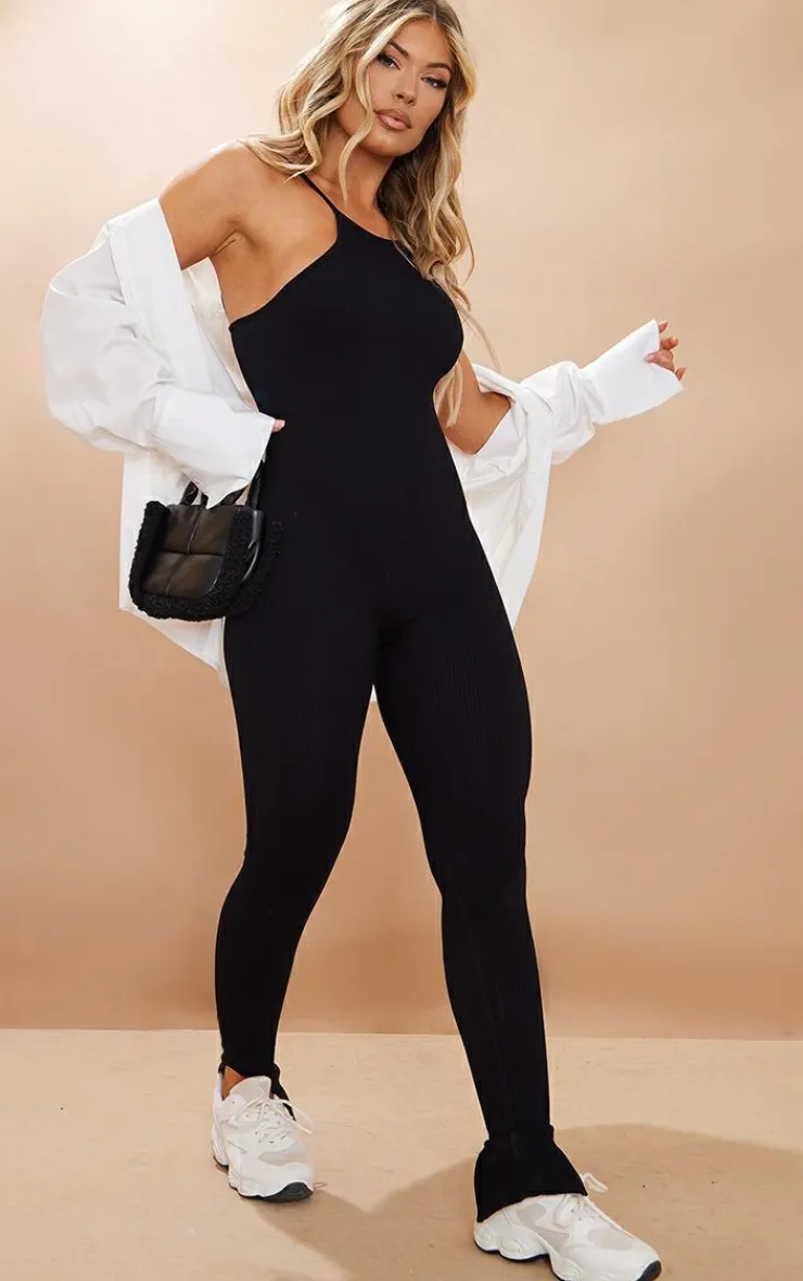 PrettyLittleThing Snatched*Structured Snatched Ribbed Strappy Racer Neck Jumpsuit