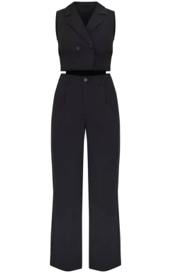 Black Structured Woven Tailored Sleeveless Vest Detail Jumpsuit
