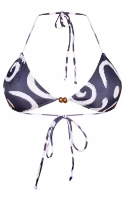 Black Swirl Print Triangle Bead Detail Bikini Top