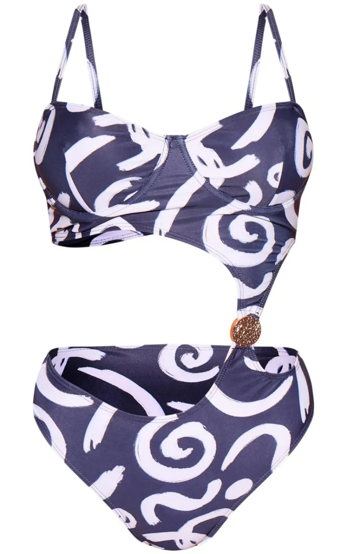 Black Swirl Print Underwired Cut Out Swimsuit