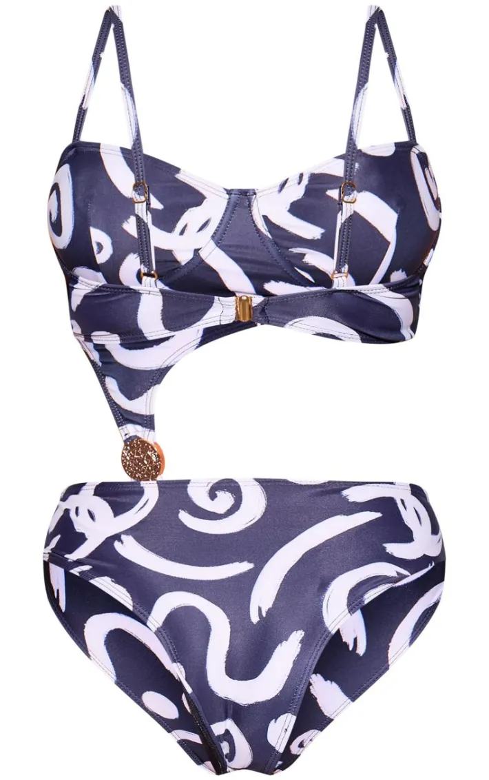 Black Swirl Print Underwired Cut Out Swimsuit