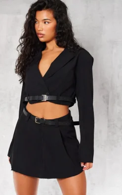 Discount PrettyLittleThing Tailored Belted Pleated Mid Rise Micro Mini Skirt Black