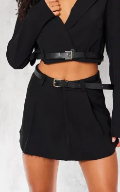 Discount PrettyLittleThing Tailored Belted Pleated Mid Rise Micro Mini Skirt Black