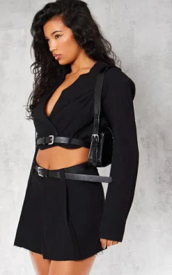 Online PrettyLittleThing Tailored Boxy Belt Cropped Blazer Black