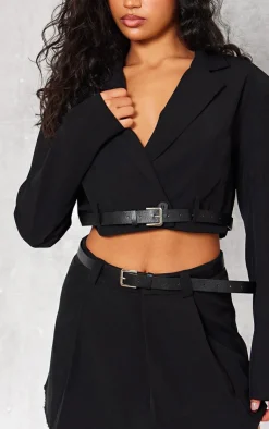 Online PrettyLittleThing Tailored Boxy Belt Cropped Blazer Black