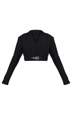 Online PrettyLittleThing Tailored Boxy Belt Cropped Blazer Black