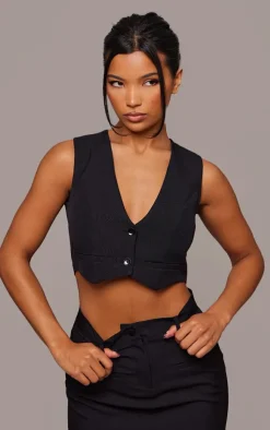 Discount PrettyLittleThing Tailored Cropped Seam Detail Vest Black
