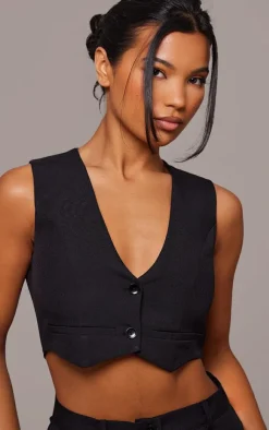 Discount PrettyLittleThing Tailored Cropped Seam Detail Vest Black