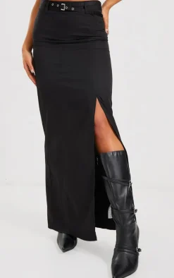 Black Tailored Woven Belted Maxi Skirt