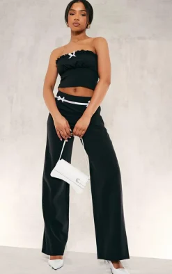 PrettyLittleThing Tailored Woven Bow Detail Low Rise Wide Leg Pants Black
