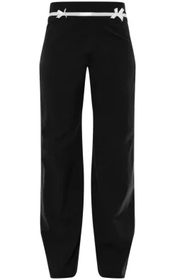 PrettyLittleThing Tailored Woven Bow Detail Low Rise Wide Leg Pants Black