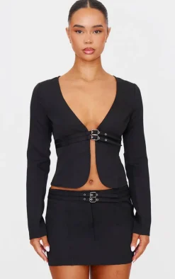 Sale PrettyLittleThing Tailored Woven Buckle Detail Long Sleeve Top Black