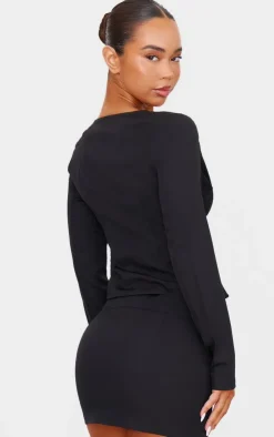Sale PrettyLittleThing Tailored Woven Buckle Detail Long Sleeve Top Black
