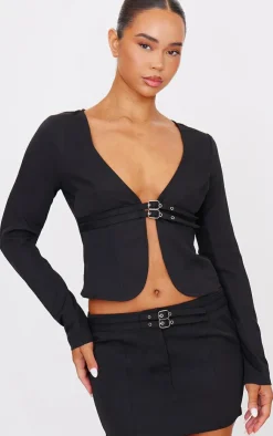 Sale PrettyLittleThing Tailored Woven Buckle Detail Long Sleeve Top Black
