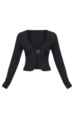 Sale PrettyLittleThing Tailored Woven Buckle Detail Long Sleeve Top Black