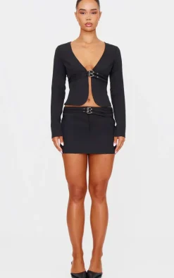 Clearance PrettyLittleThing Tailored Woven Buckle Detail Low Rise Mini Skirt Black