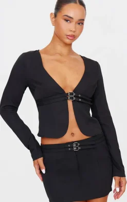 Clearance PrettyLittleThing Tailored Woven Buckle Detail Low Rise Mini Skirt Black