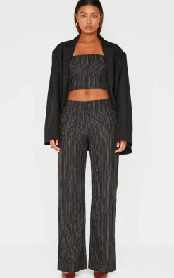 Clearance PrettyLittleThing Tailored Woven Glitter Pinstripe Wide Leg Pants Black