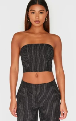 Online PrettyLittleThing Tailored Woven Glitter Pinstripe Bandeau Top Black