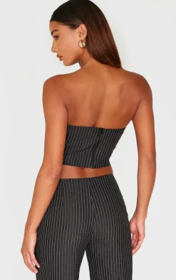 Online PrettyLittleThing Tailored Woven Glitter Pinstripe Bandeau Top Black
