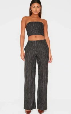 Online PrettyLittleThing Tailored Woven Glitter Pinstripe Bandeau Top Black