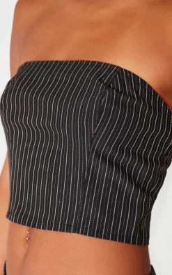 Online PrettyLittleThing Tailored Woven Glitter Pinstripe Bandeau Top Black