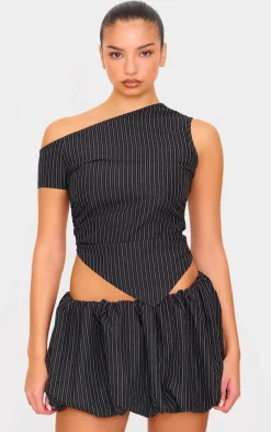 Clearance PrettyLittleThing Tailored Woven Glitter Pinstripe Asymmetric Top Black