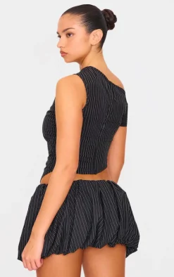 Clearance PrettyLittleThing Tailored Woven Glitter Pinstripe Asymmetric Top Black