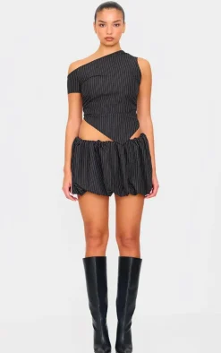 Clearance PrettyLittleThing Tailored Woven Glitter Pinstripe Asymmetric Top Black
