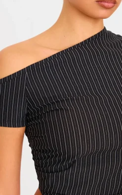 Clearance PrettyLittleThing Tailored Woven Glitter Pinstripe Asymmetric Top Black