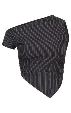 Clearance PrettyLittleThing Tailored Woven Glitter Pinstripe Asymmetric Top Black