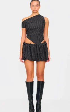 Sale PrettyLittleThing Tailored Woven Glitter Pinstripe Puffball Skirt Black