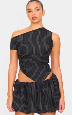 Sale PrettyLittleThing Tailored Woven Glitter Pinstripe Puffball Skirt Black