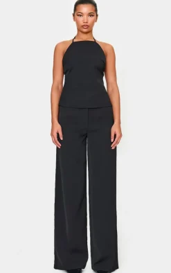 New PrettyLittleThing Tailored Woven High Waist Wide Leg Pants Black