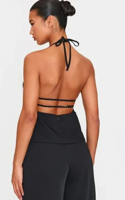 New PrettyLittleThing Tailored Woven Open Back Long Line Top Black