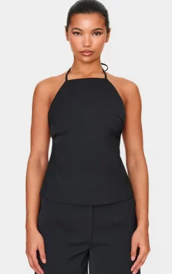 New PrettyLittleThing Tailored Woven Open Back Long Line Top Black