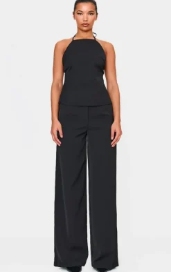 New PrettyLittleThing Tailored Woven Open Back Long Line Top Black