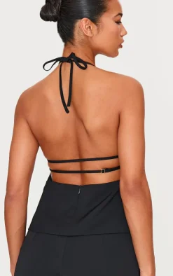 New PrettyLittleThing Tailored Woven Open Back Long Line Top Black